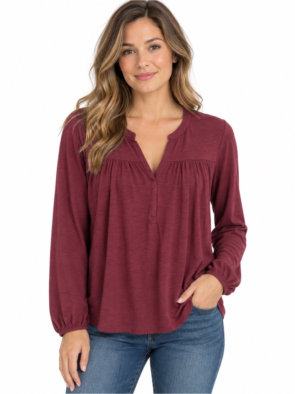 Women's Henley Peasant Long-Sleeve Top - Burgundy 1096